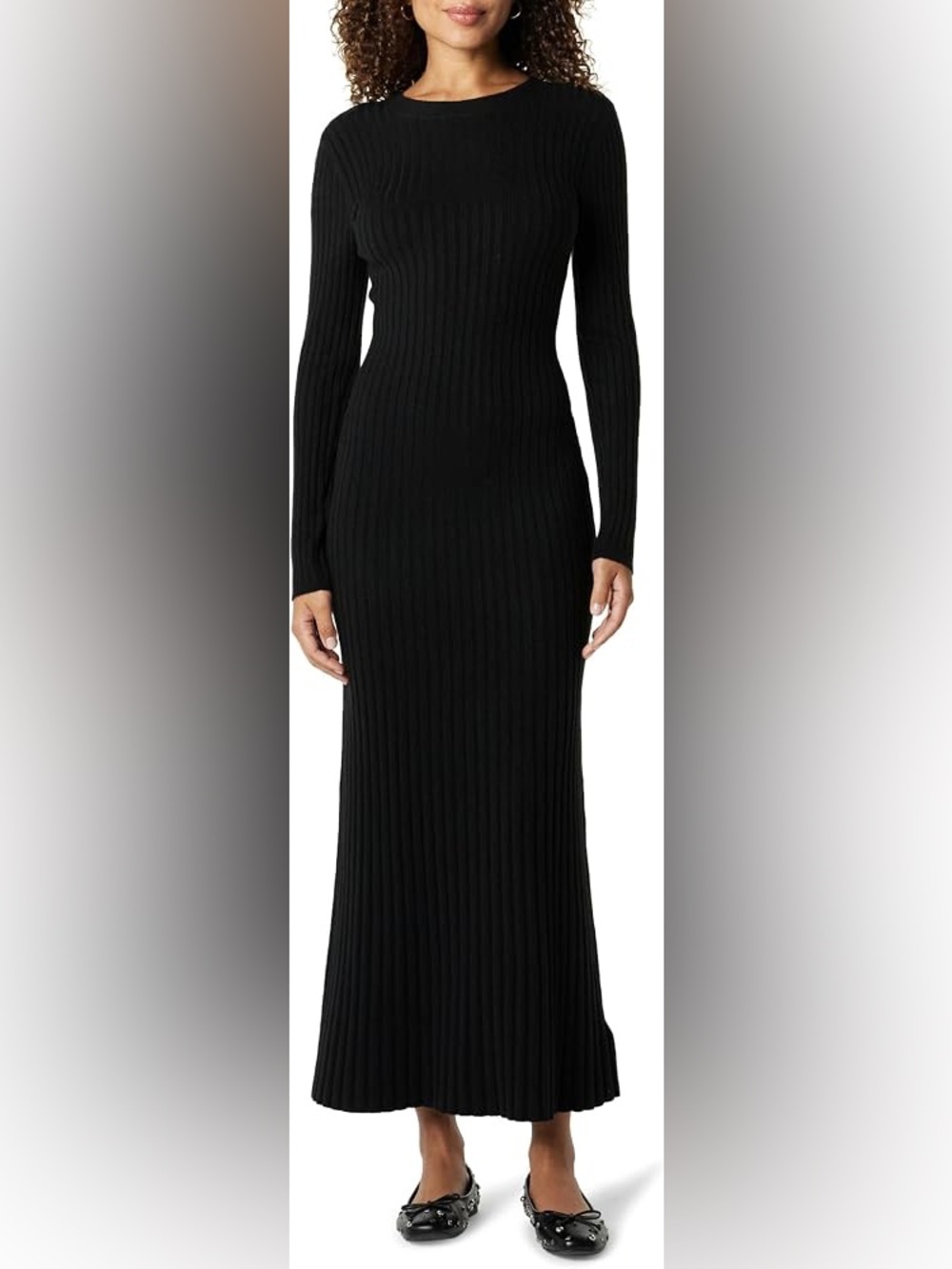 Ribbed Long-Sleeve Maxi Dress in Black